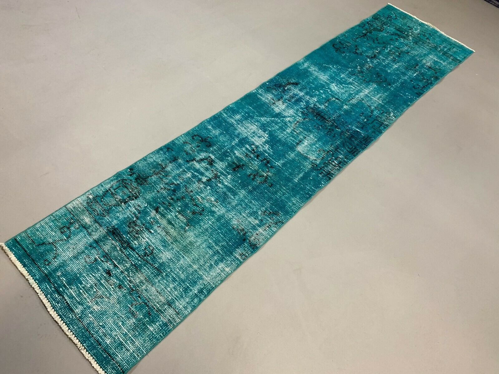 Distressed Turkish Runner 303x69 cm wool Vintage rug, Overdyed Blue kilimshop.myshopify.com