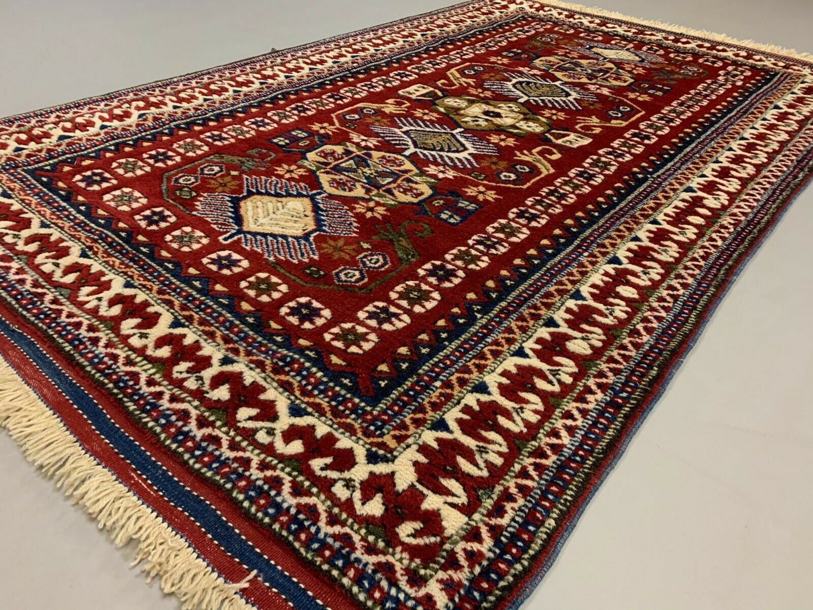 Vintage Turkish Bergama Rug  200x120 cm Red Blue and Beige kilimshop.myshopify.com