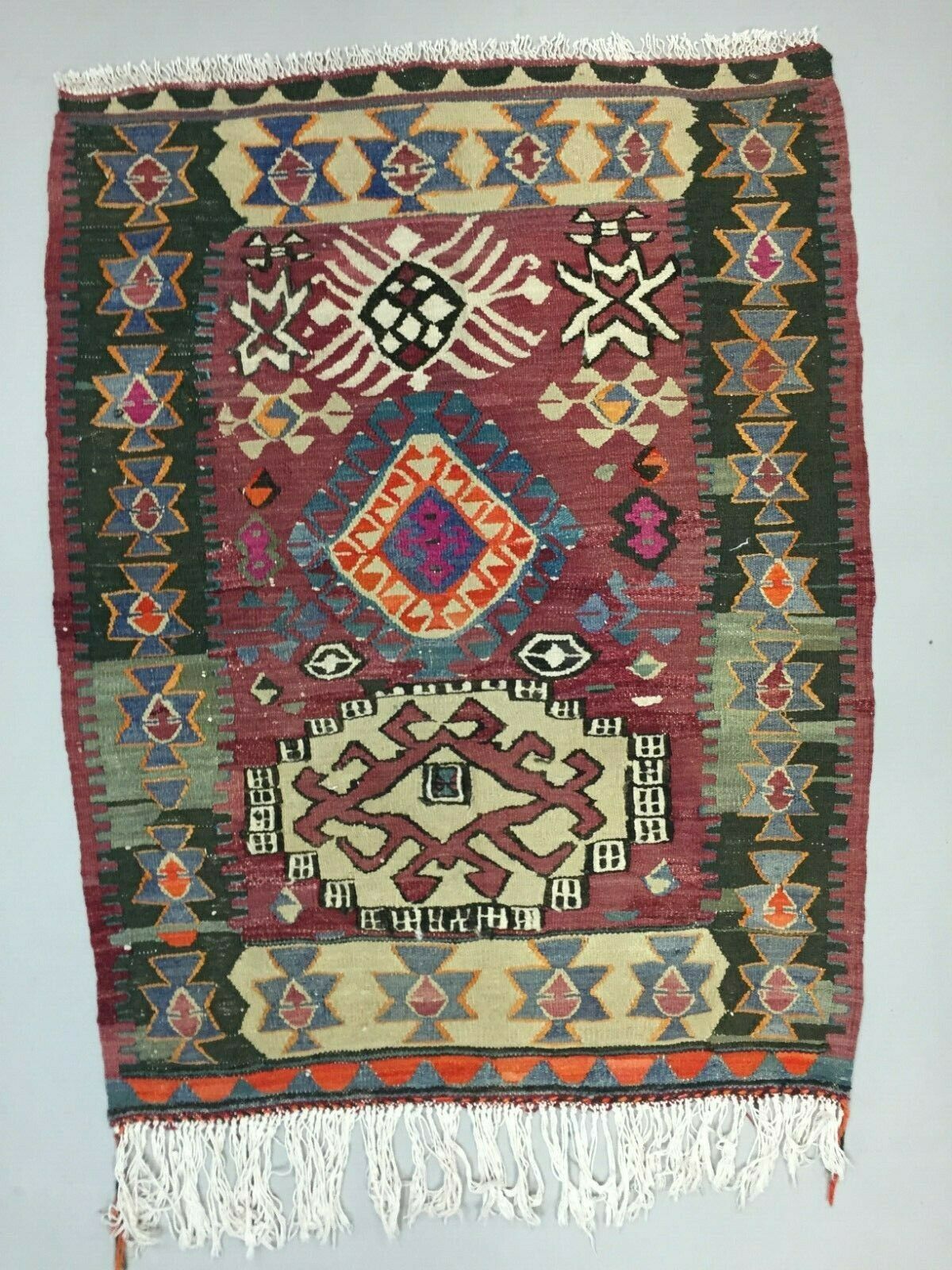 Small Vintage Turkish Kilim 140x118 cm Tribal Kelim Rug, Black, Red, Blue