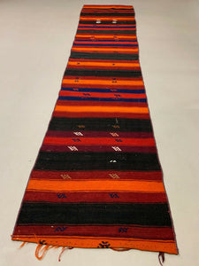 Old Turkish narrow Kilim Runner 286x66 cm, shabby chic, vintage kelim Red Black