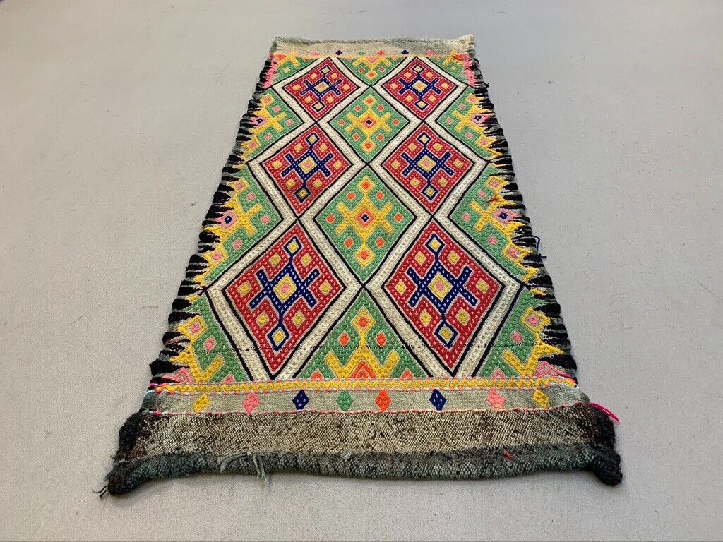 Vintage Turkish Mini Kilim 95x42 cm Wool Small Kelim Runner, shabby Chic