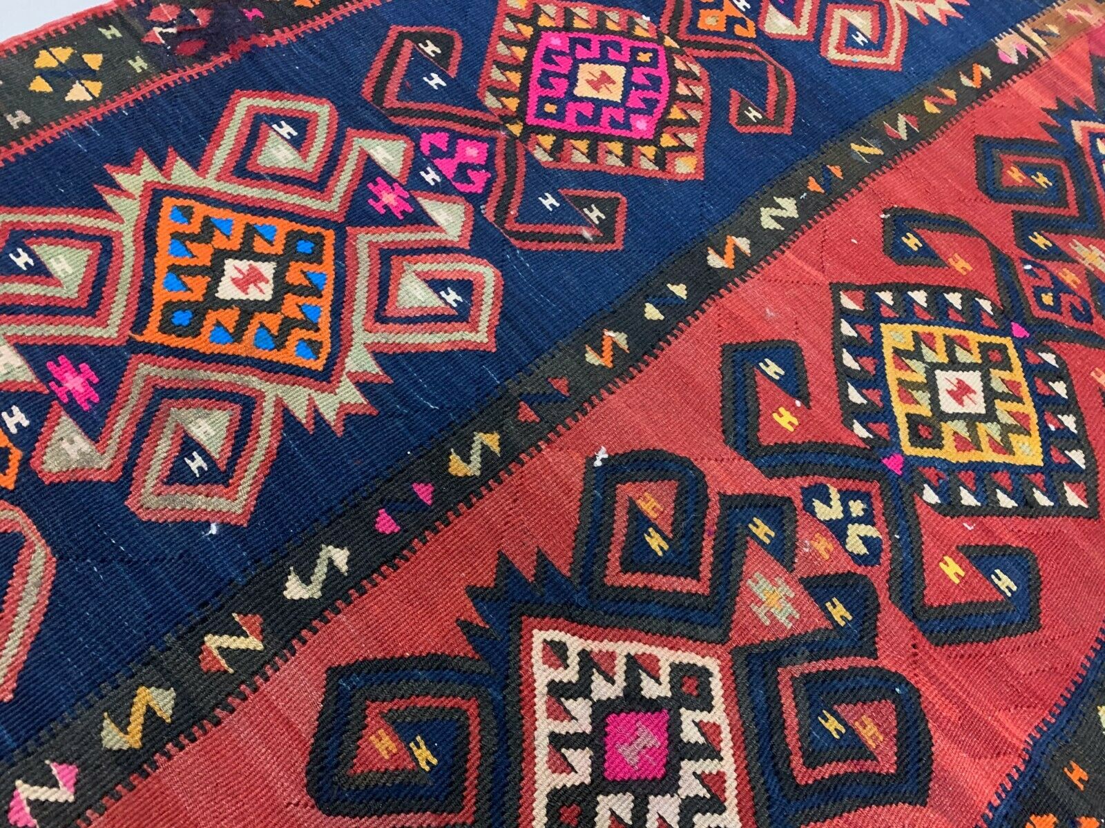Vintage Turkish Kilim 264x110 cm Wool Kelim Rug Large Red Navy Runner kilimshop.myshopify.com