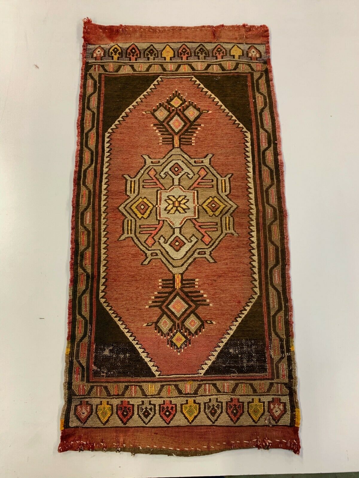 Vintage Turkish Mini Kilim 106x52 cm Shabby Wool Small Kelim Rug Brown Red Beige