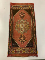 Vintage Turkish Mini Kilim 106x52 cm Shabby Wool Small Kelim Rug Brown Red Beige