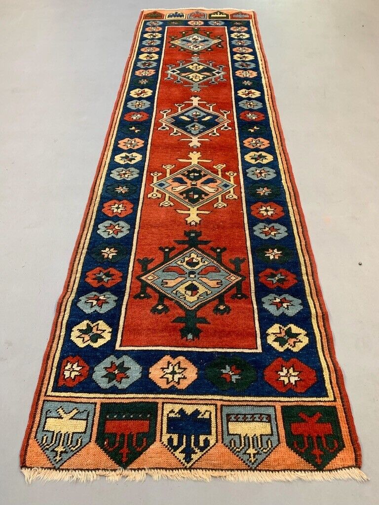Vintage Turkish Runner 300x83 cm Kazak Rug, Terracotta Red, Green, Beige Blue