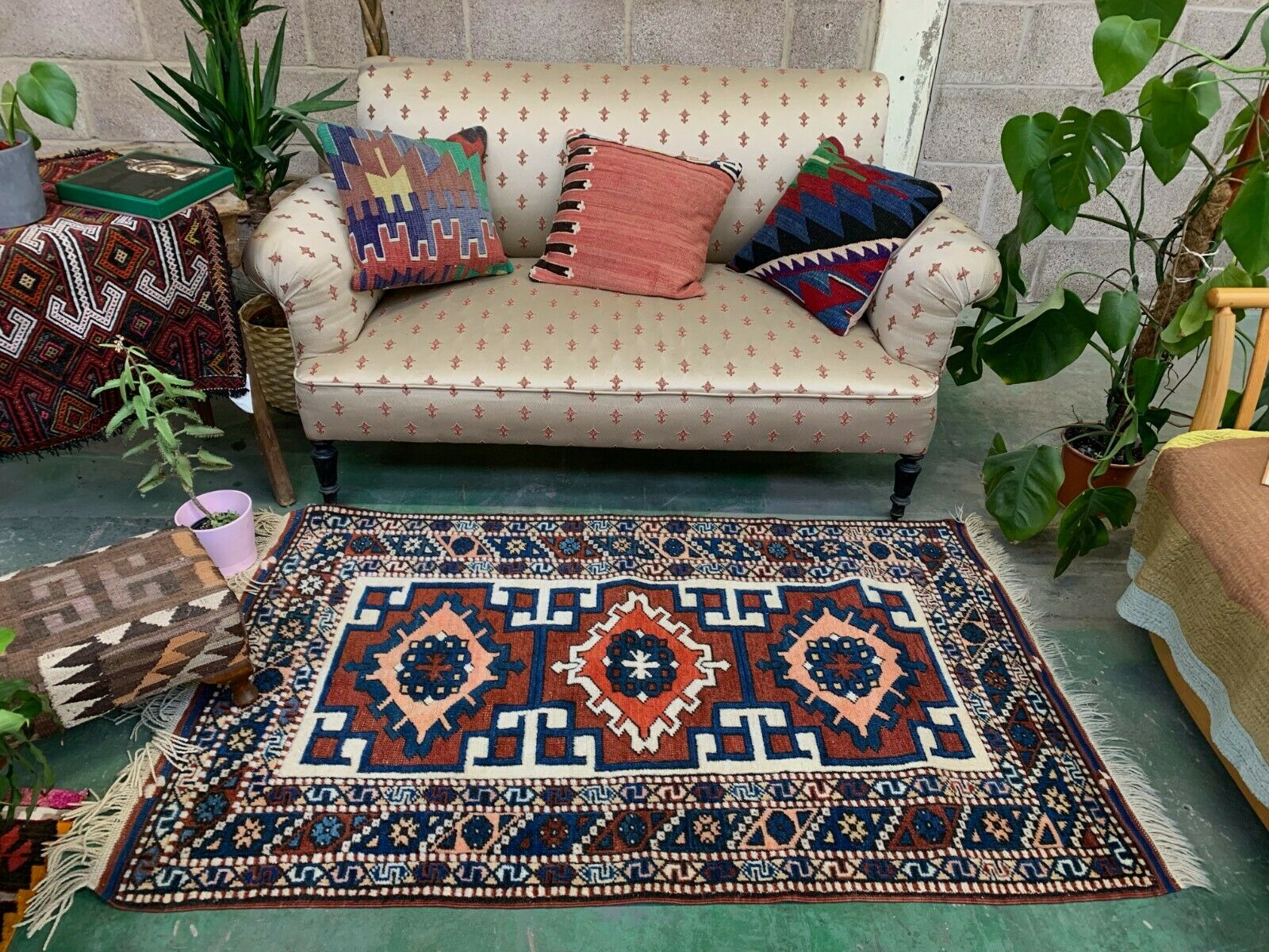 Vintage Turkish Kazak Rug Oriental 160x94 cm Tribal Small Carpet, Red and Blue