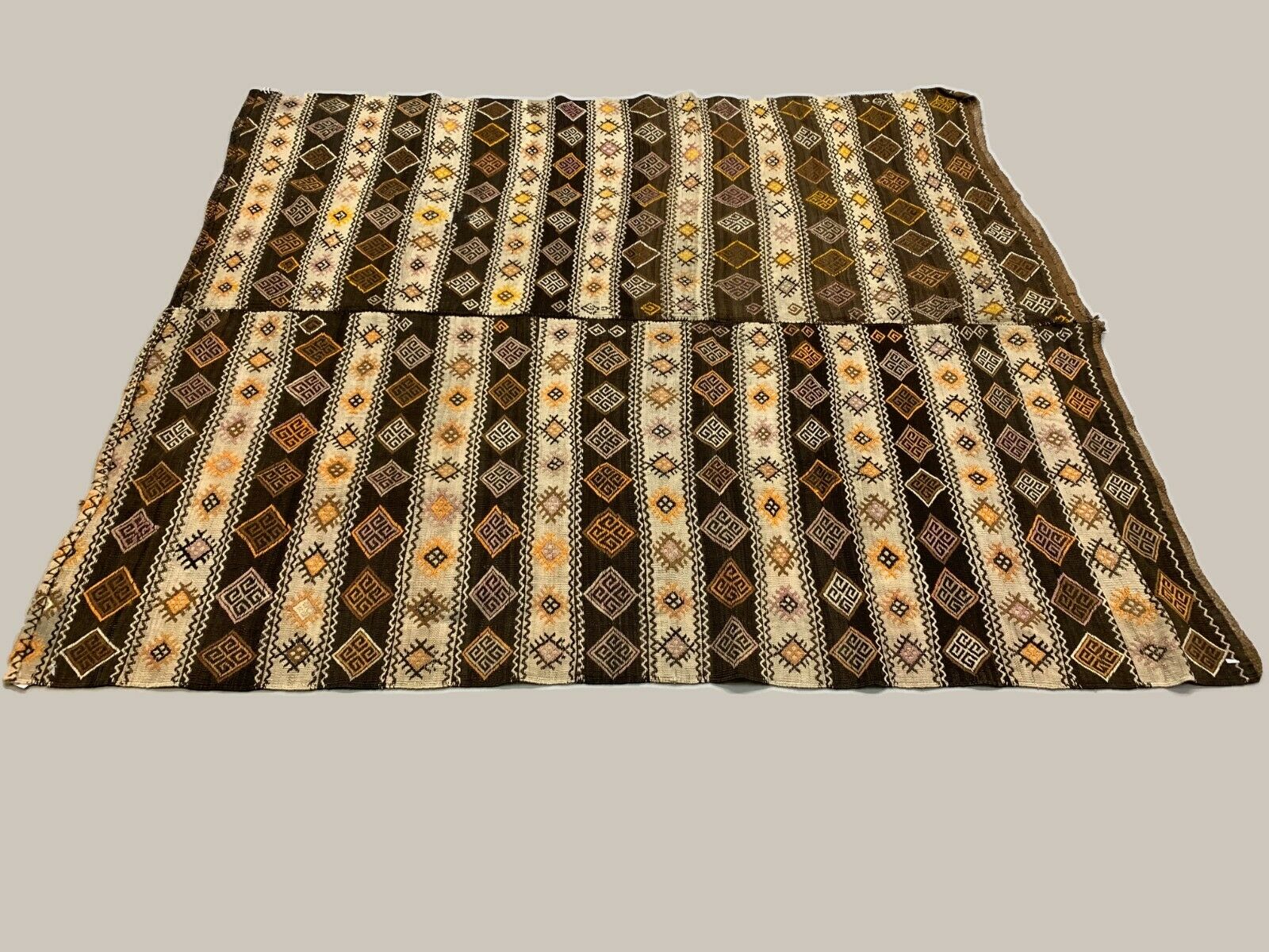 Vintage Turkish Kilim 222x190 cm wool kelim rug Beige, Brown, Black, Large kilimshop.myshopify.com