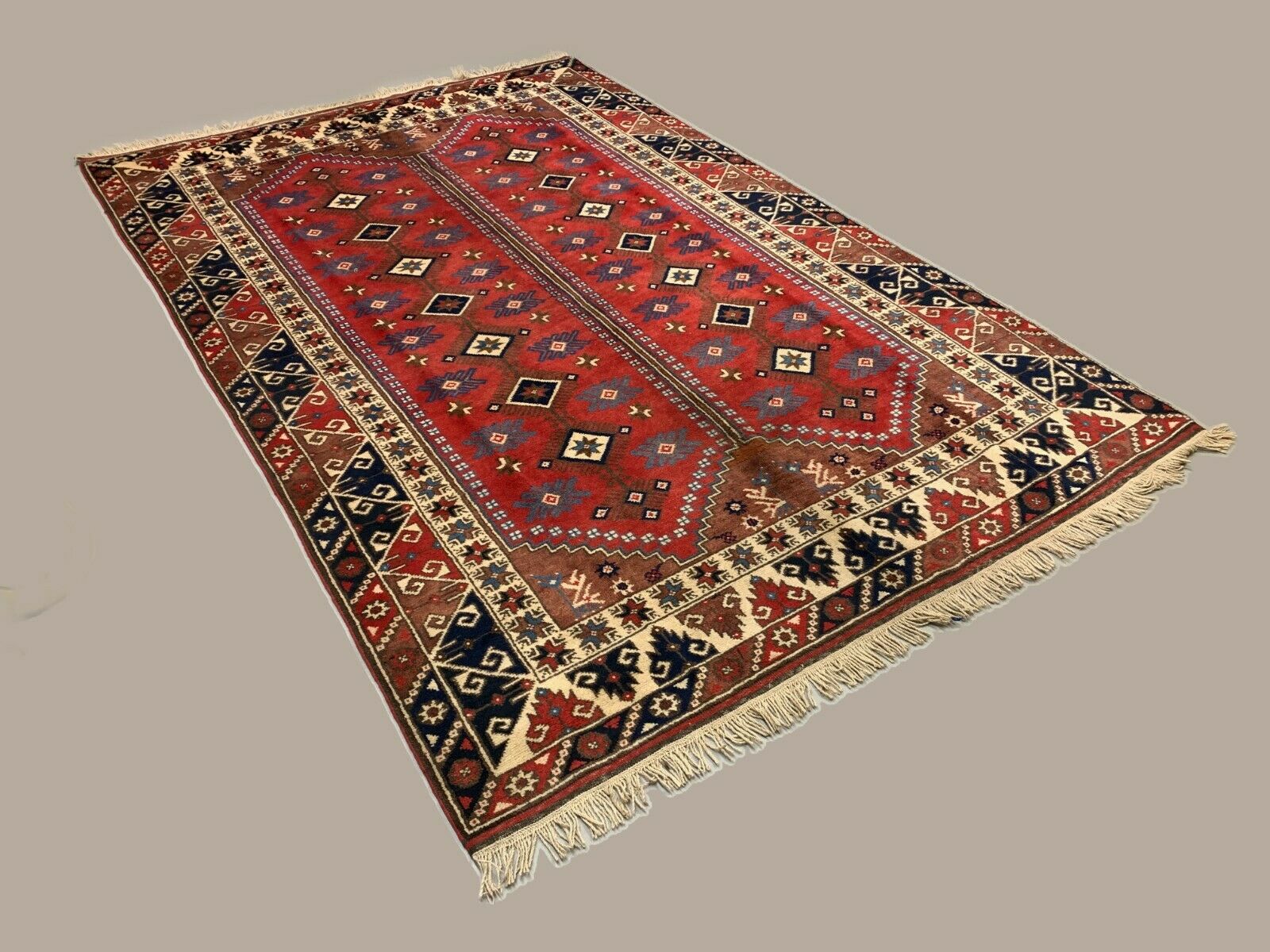 Vintage Turkish Tribal Rug 300x200 cm Turkish Carpet Red Navy Blue Beige Large