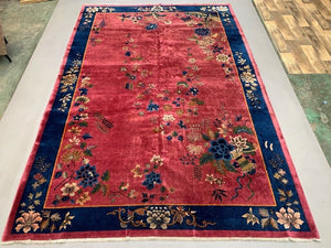 Large Chinese Art Deco Carpet, 448x308 cm, 1920s Wool, Handmade, Pink Blue Rug