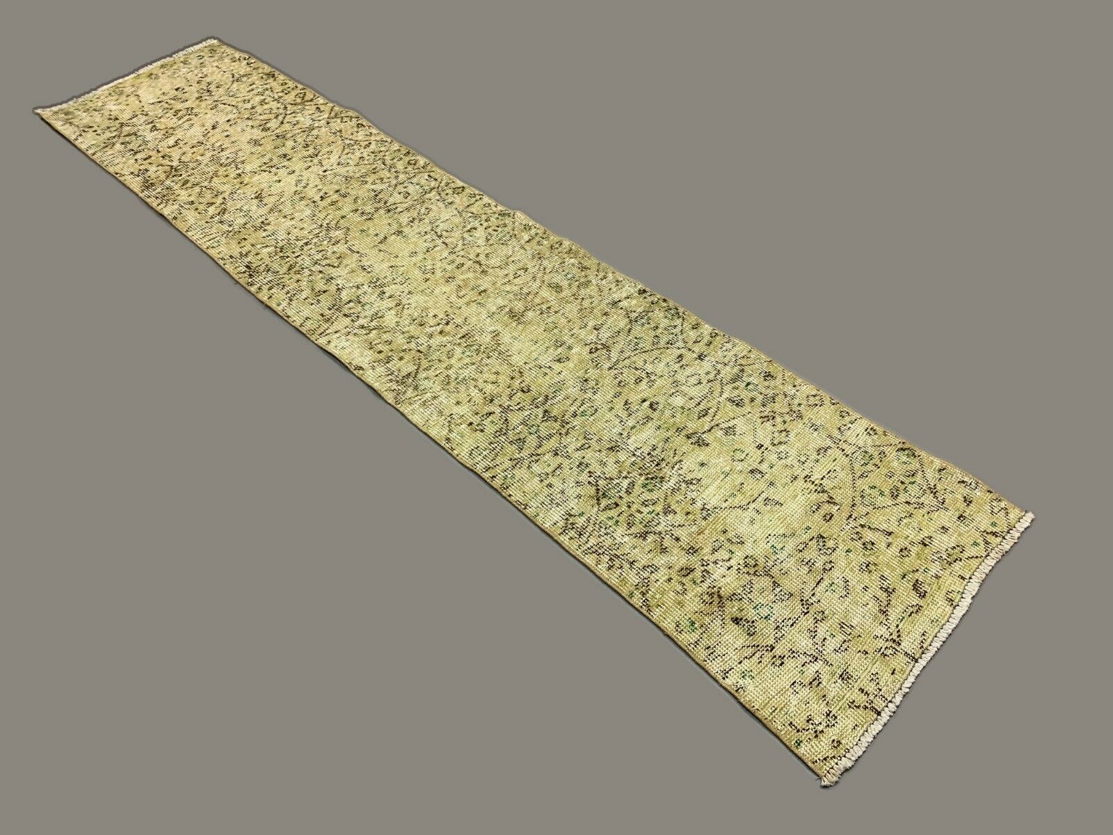 Distressed Turkish Narrow Runner 274x65 cm wool Vintage rug, Overdyed Yellow kilimshop.myshopify.com