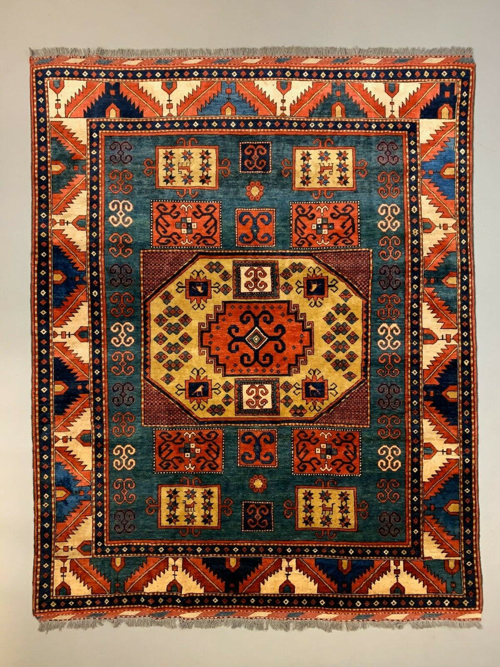 Vintage Kazak Rug 300x238 cm Afghan Large, Green Blue Red  Caucasian Karachoph kilimshop.myshopify.com