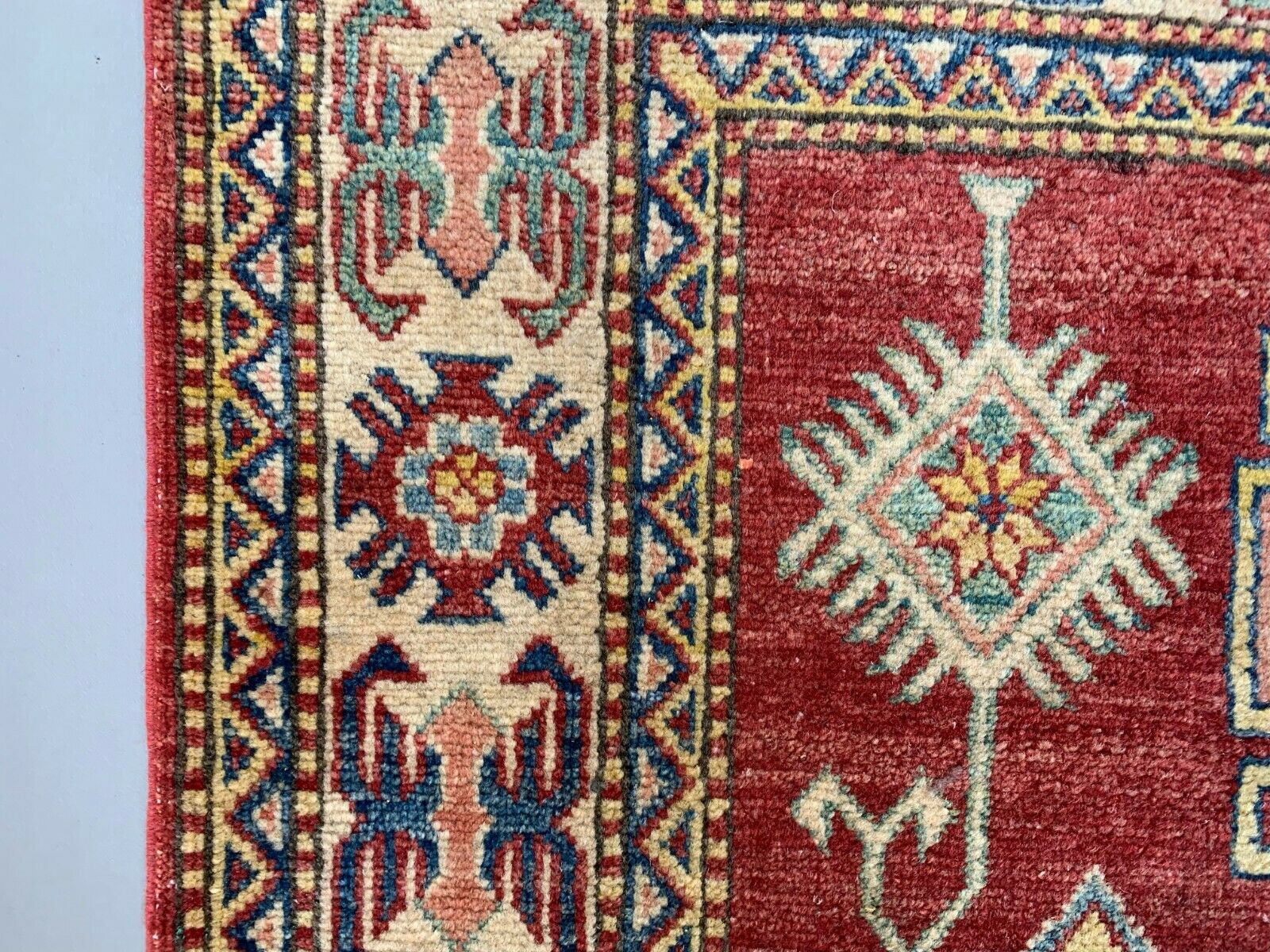 Afghan Kazak Rug 215x120 cm vintage tribal carpet, Blue, Red, Beige, Medium