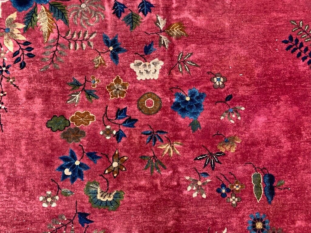 Large Chinese Art Deco Carpet, 448x308 cm, 1920s Wool, Handmade, Pink Blue Rug