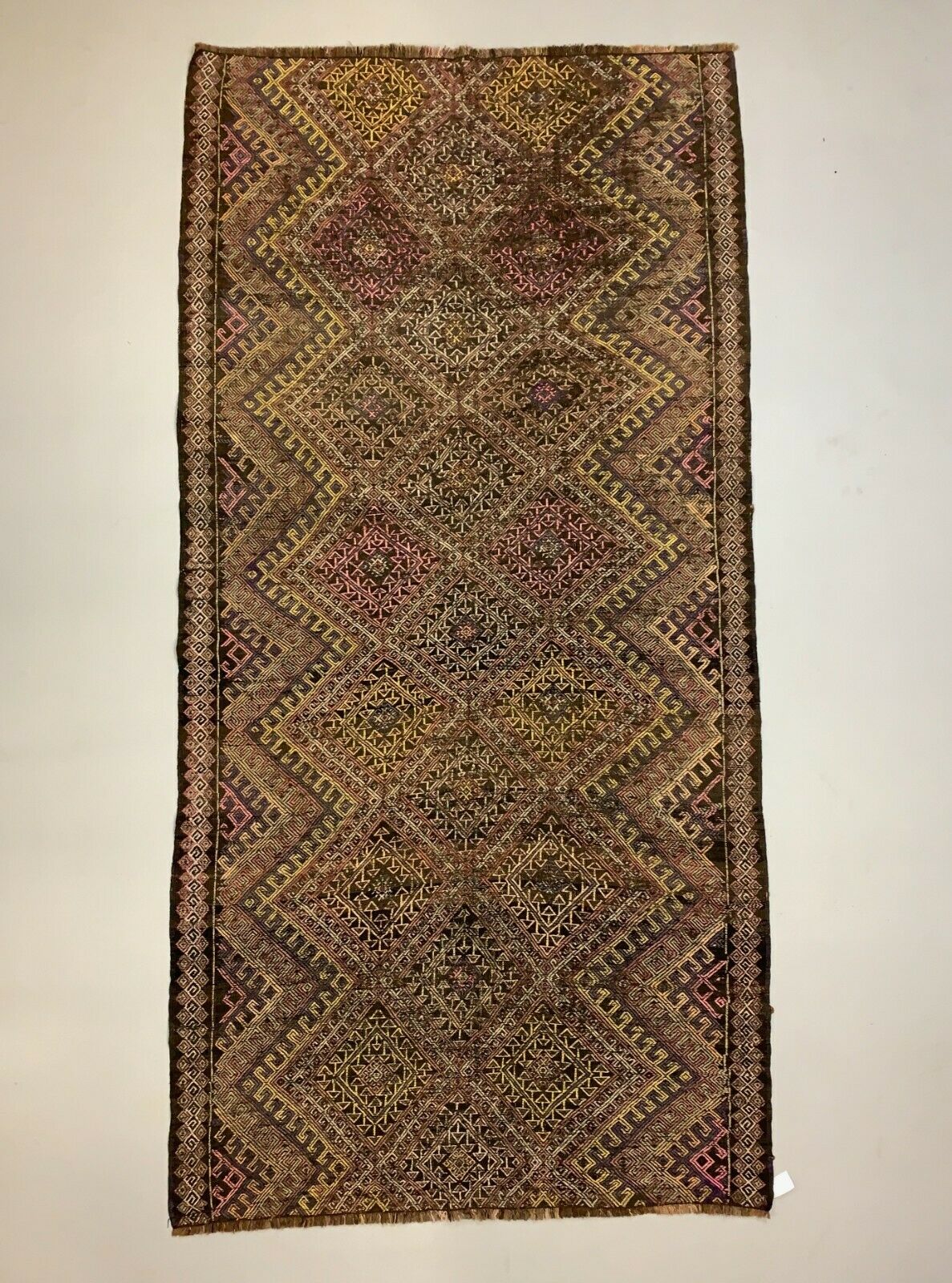 Vintage Turkish Kilim Rug 300x149 cm shabby wool Kelim Large Black Pink Beige