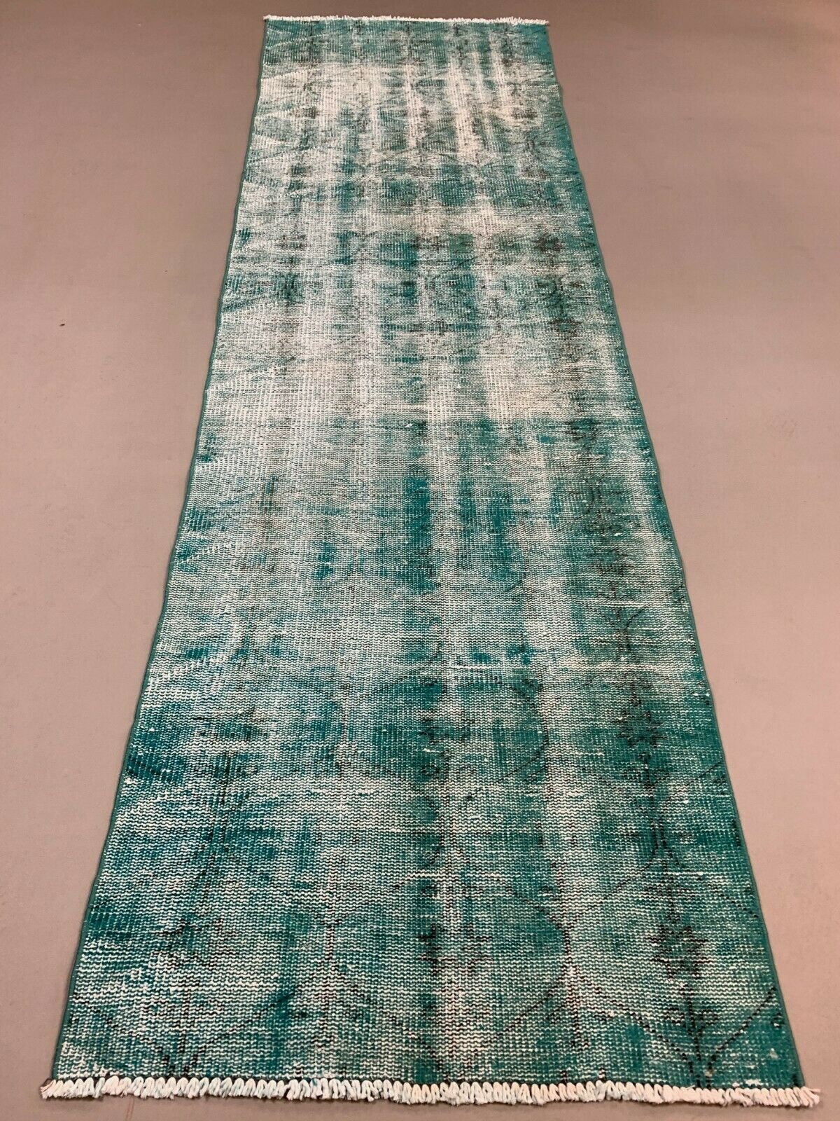 Distressed Turkish Narrow Runner 288x84 cm wool Vintage rug, Overdyed Green kilimshop.myshopify.com