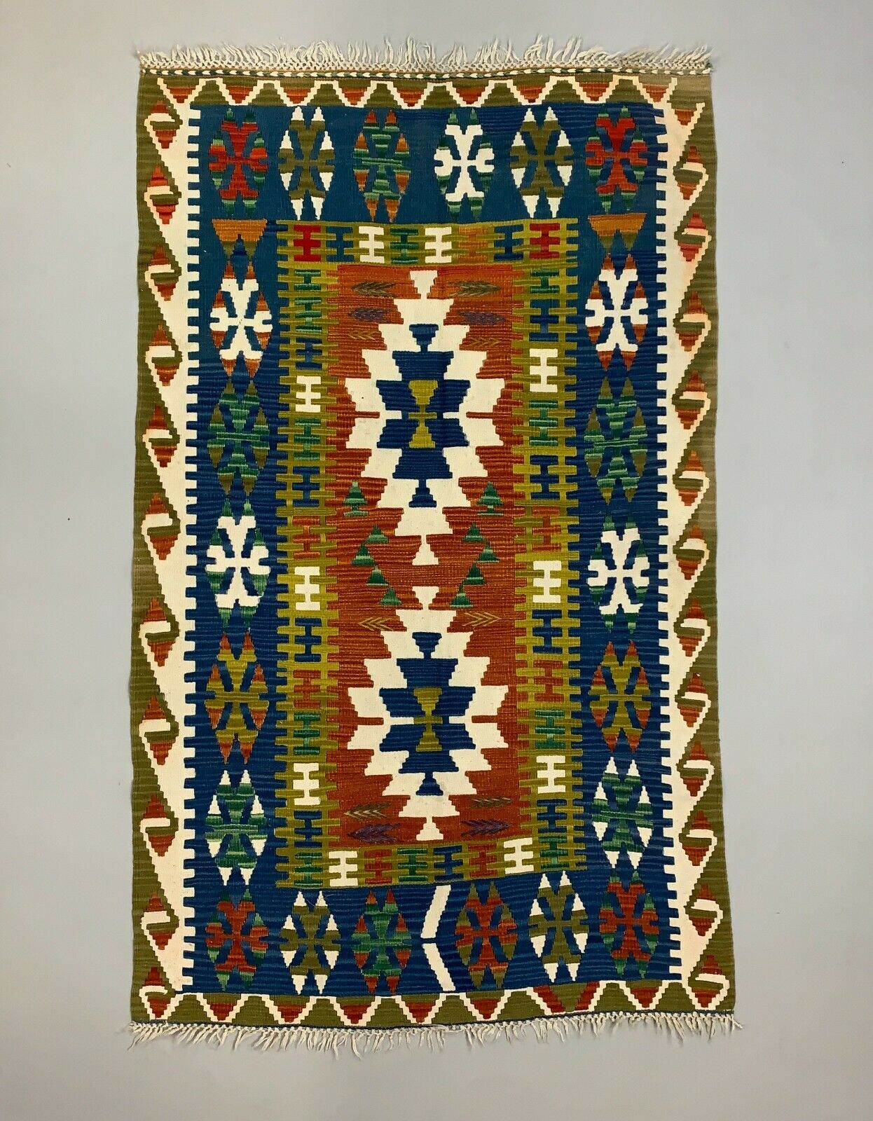 Vintage Turkish Kilim 230x142 cm Tribal Kelim Rug, Blue, Red, Beige, Green Large
