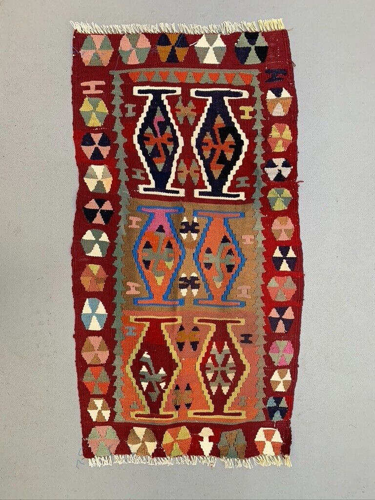 Vintage Turkish Mini Kilim 93x49 cm Wool Small Kelim Runner, shabby Chic