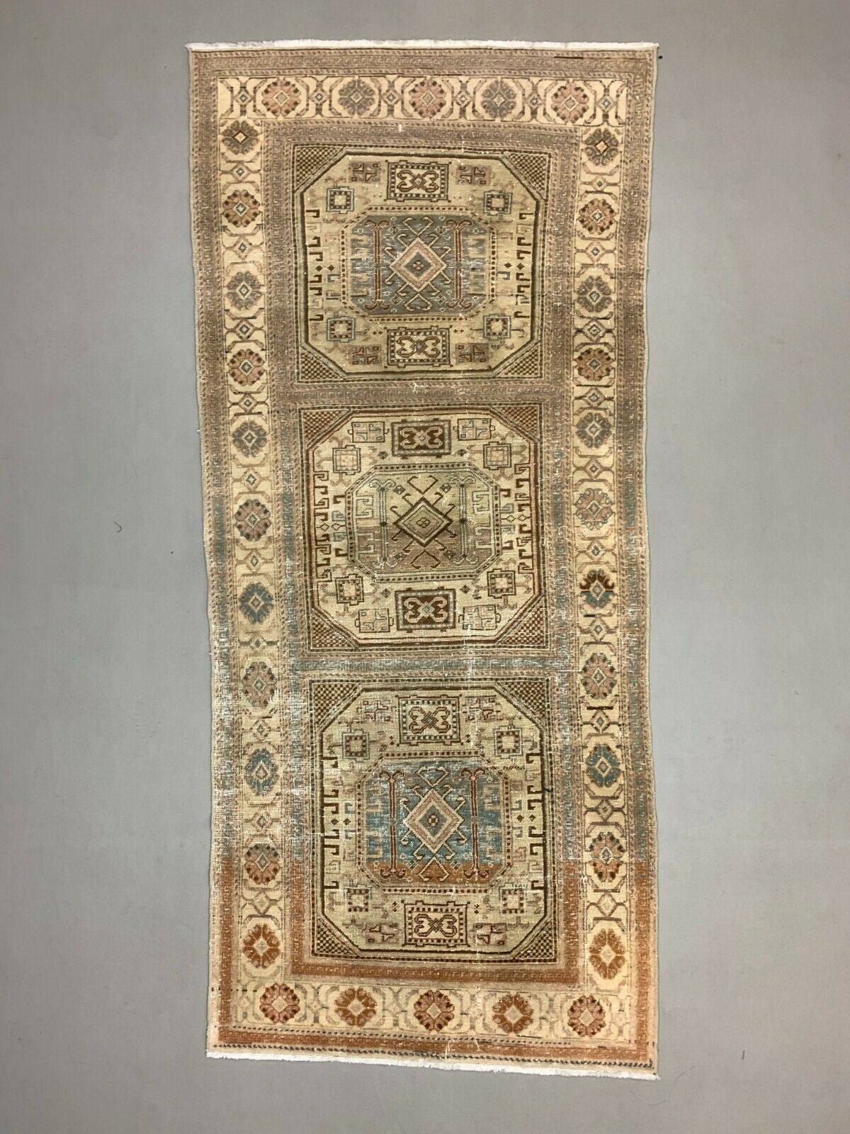 Distressed Turkish Rug 197x90 cm wool Vintage shabby Chic Tribal Blue, Beige kilimshop.myshopify.com