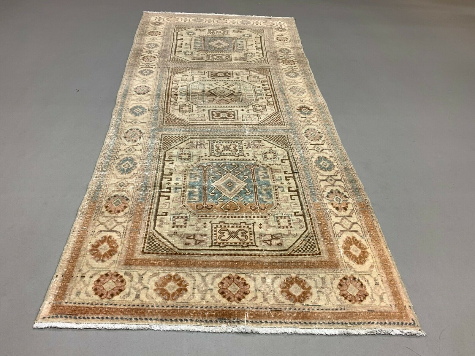 Distressed Turkish Rug 197x90 cm wool Vintage shabby Chic Tribal Blue, Beige kilimshop.myshopify.com