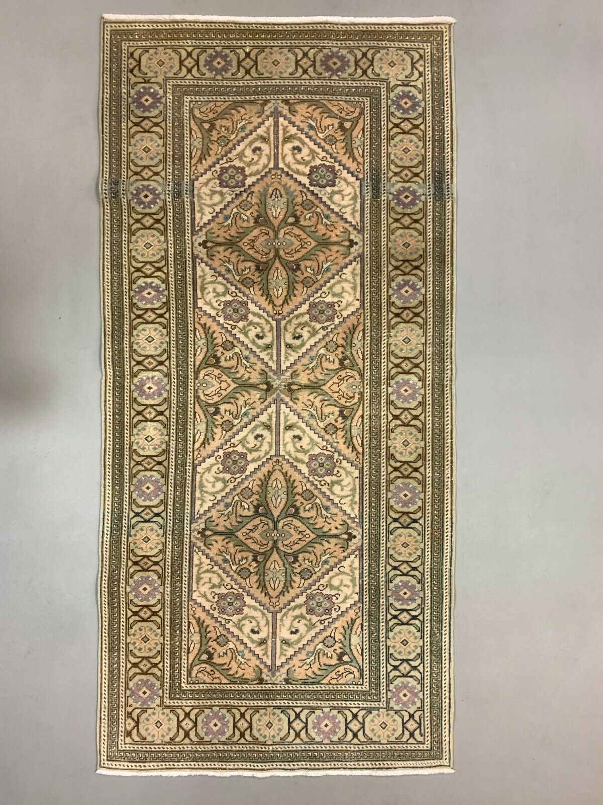 Distressed Turkish Rug 196x92 cm wool Vintage shabby Chic Runner Green, Beige kilimshop.myshopify.com