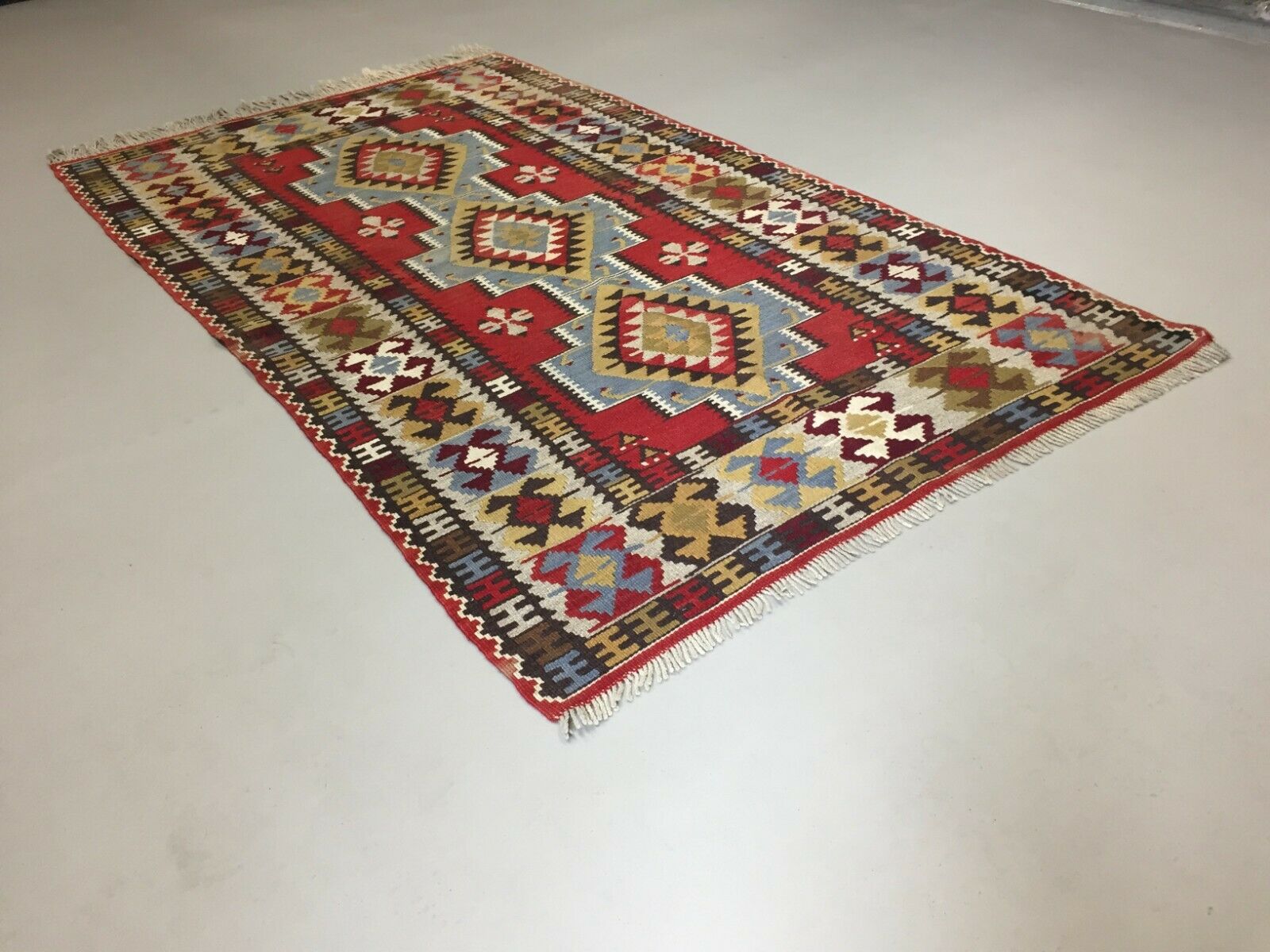 Vintage Turkish Kilim 190x109 cm Tribal Kelim Rug, Blue, Red Black Beige, Medium