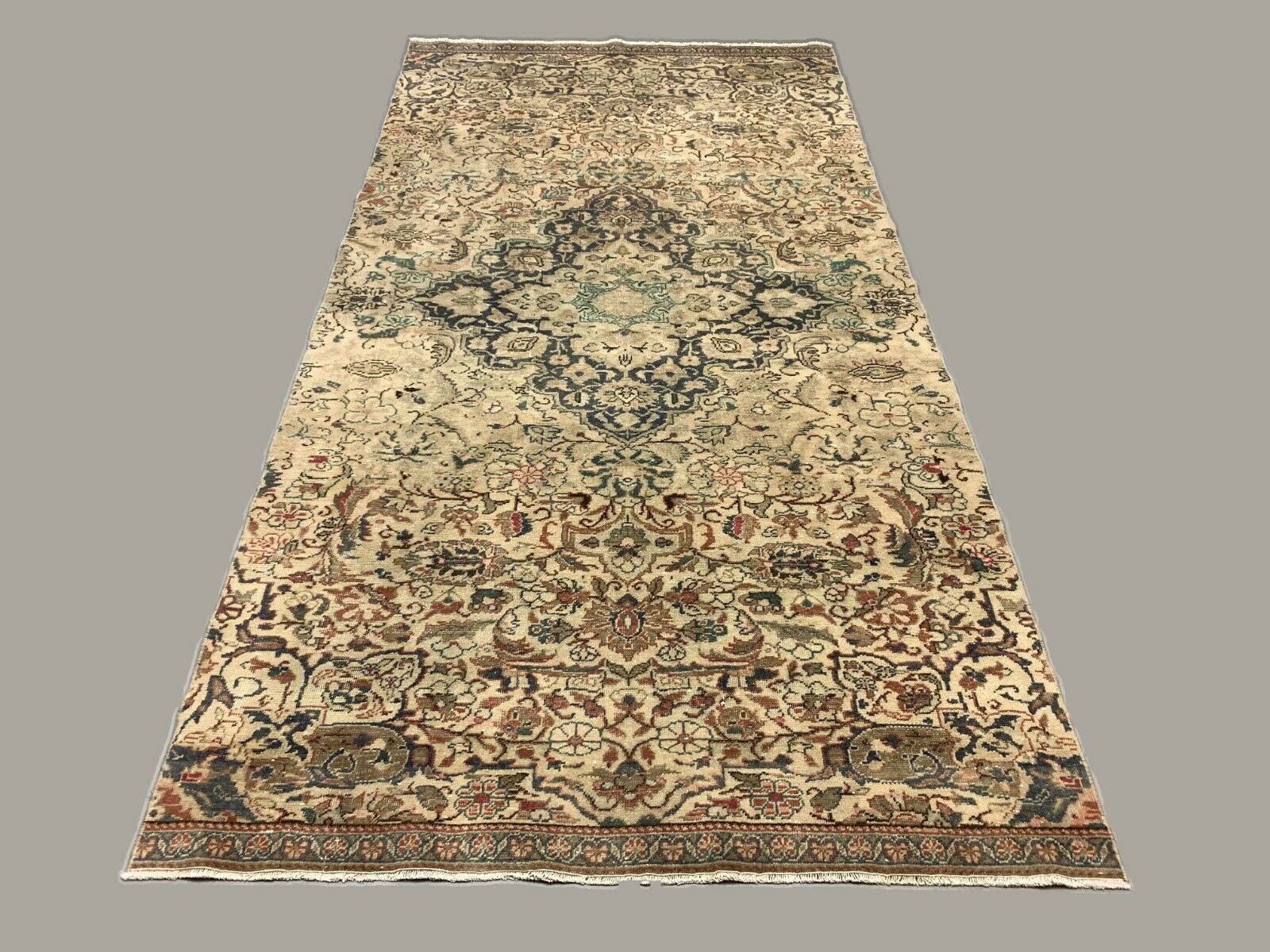 Distressed Turkish Rug 247x127 cm wool Vintage shabby Chic Runner Green, Beige kilimshop.myshopify.com