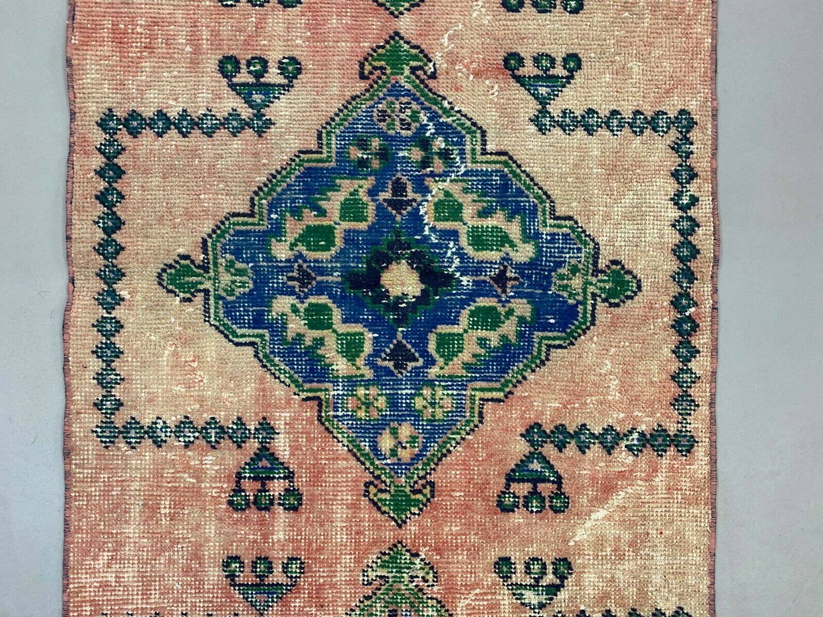 Distressed Turkish Runner 360x79 cm wool Vintage Tribal Rug Pink Green kilimshop.myshopify.com