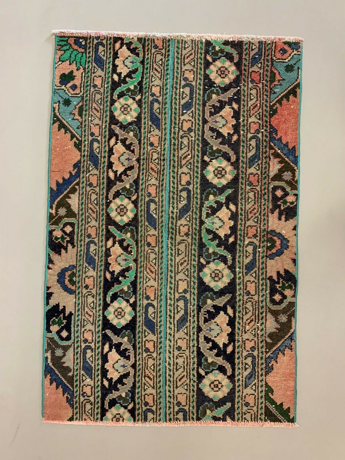 Distressed Turkish Rug 107x69 cm Vintage Shabby, Runner, Green, Brown Small kilimshop.myshopify.com
