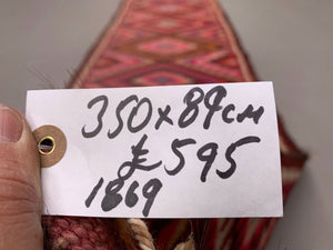 Old Turkish Kilim Runner 350x89 cm, Vintage Kelim Rug, Long and Narrow