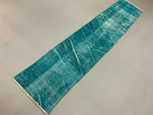 Distressed Turkish Narrow Runner 256x56 cm wool Vintage rug, Overdyed Blue kilimshop.myshopify.com