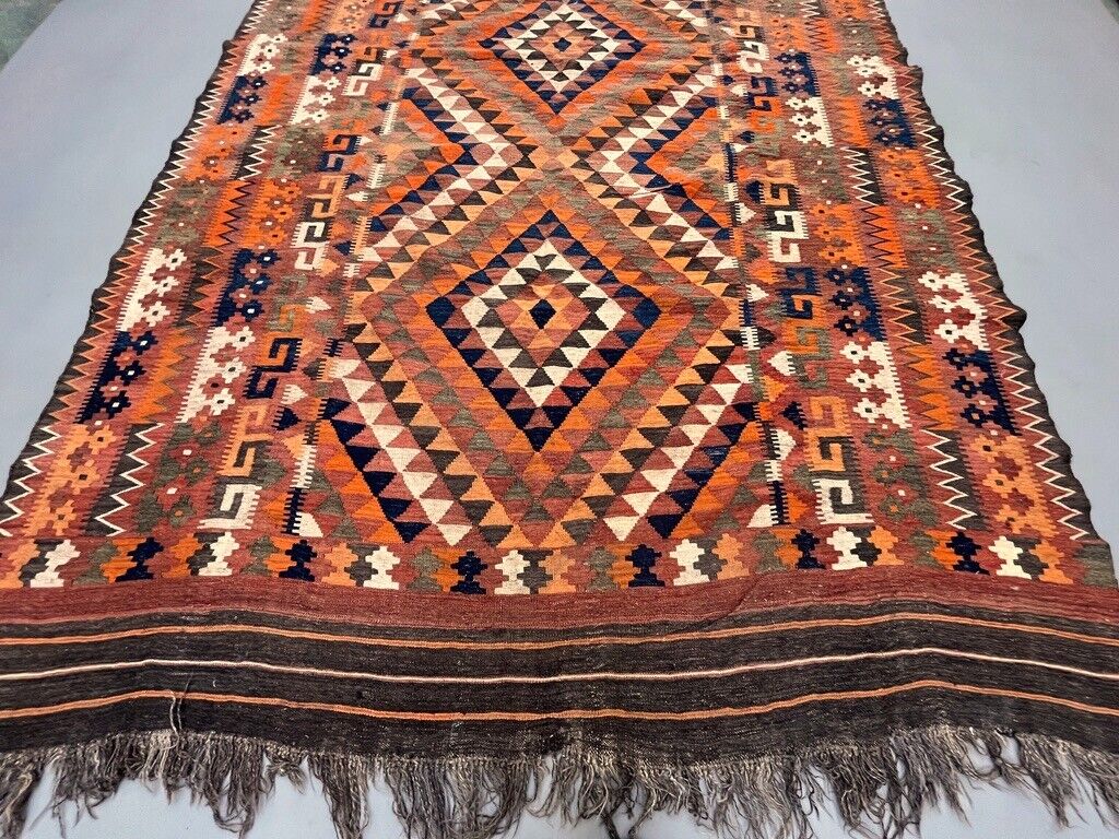 Vintage Uzbek Tribal Kilim Wool Rug 418x240 cm Red, Orange, Brown, Black Large
