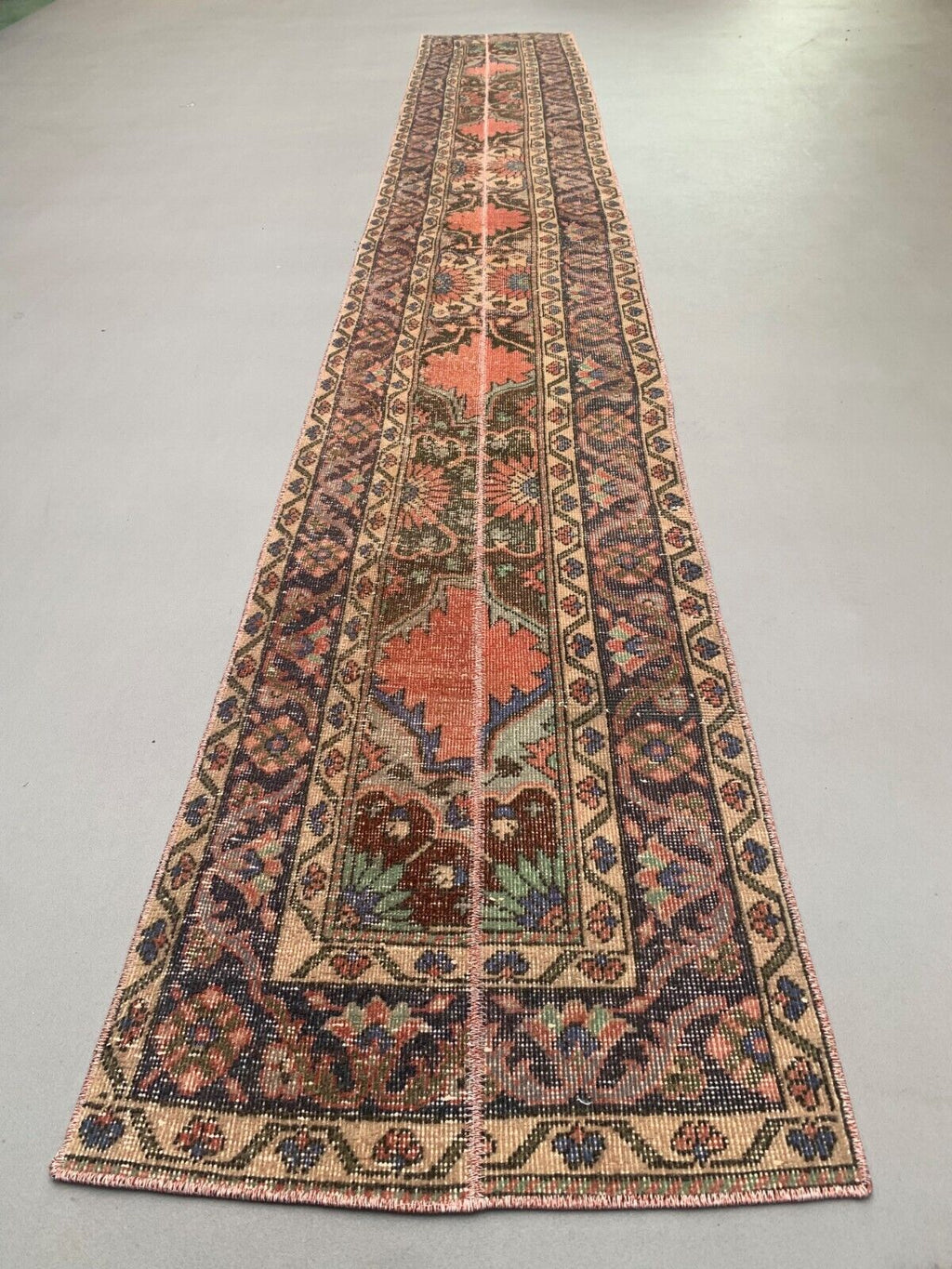 Distressed Turkish Narrow Runner 397x59 cm wool Vintage Tribal Rug
