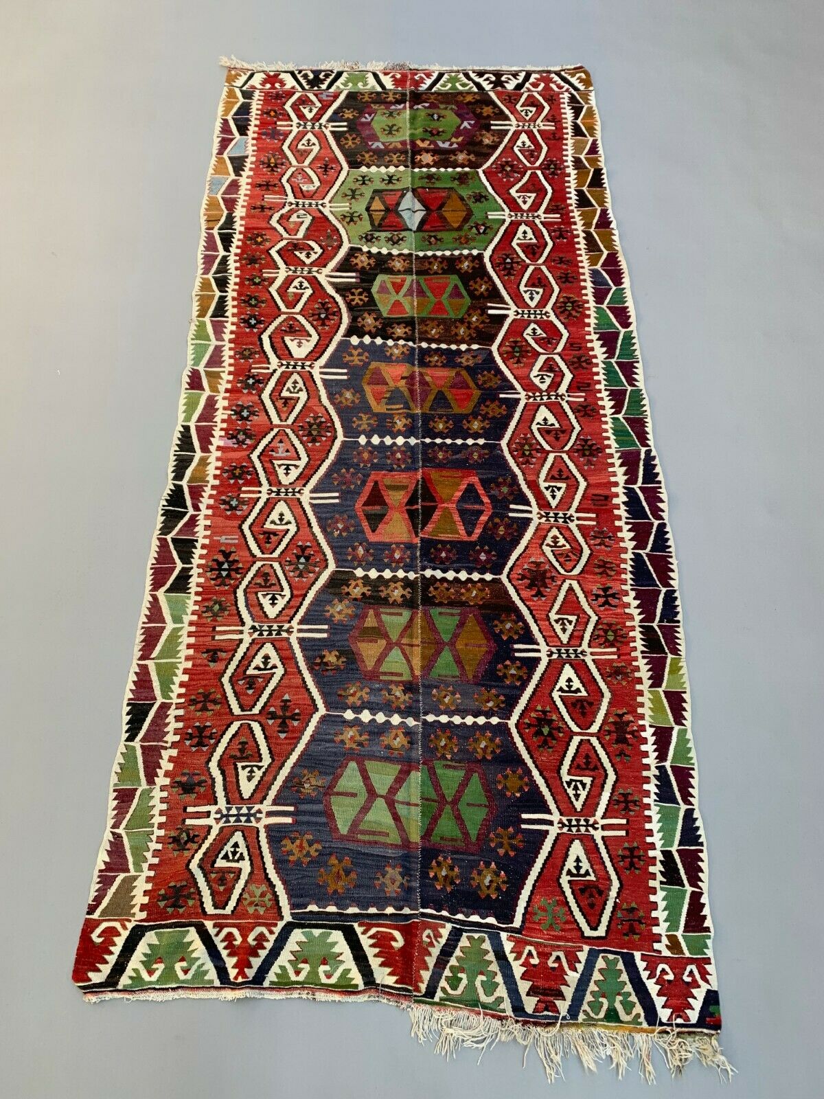 Vintage Turkish Kilim 348x154 cm Wool Kelim Rug Large Red, Black, Green
