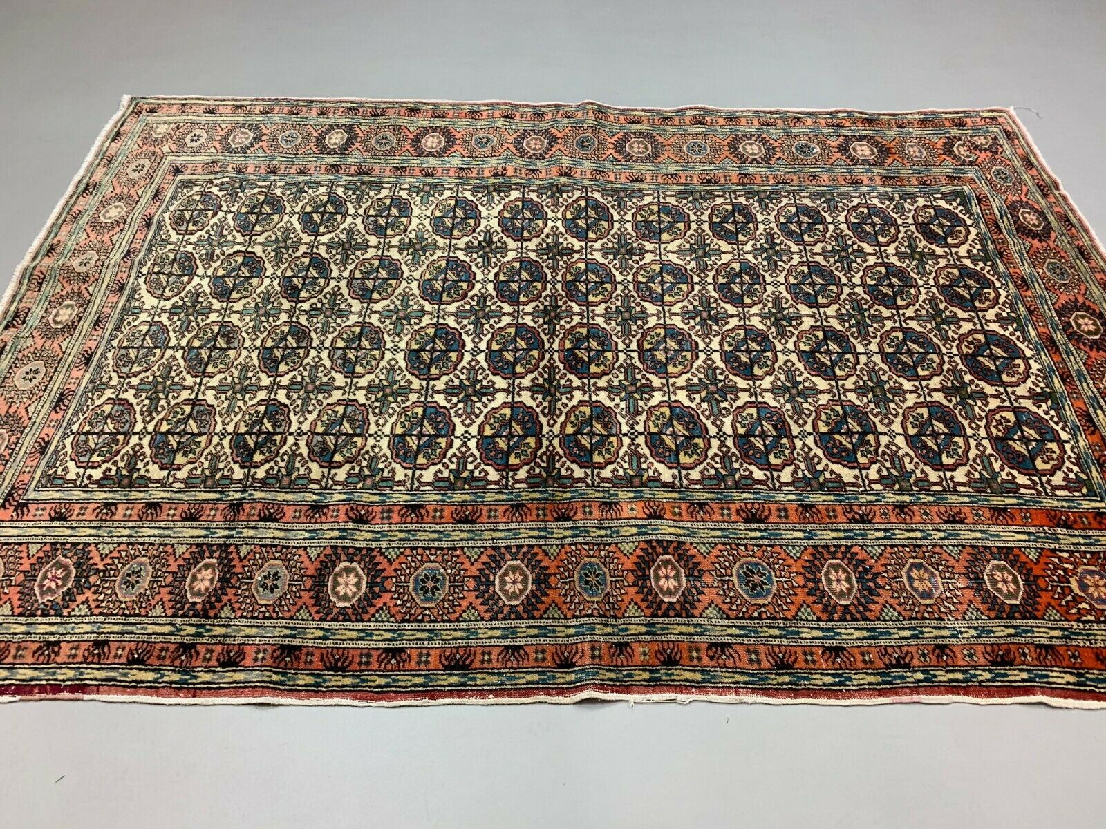 Distressed Turkish Rug 218x148 cm wool Vintage Turkoman Tekke Design Red, Beige kilimshop.myshopify.com