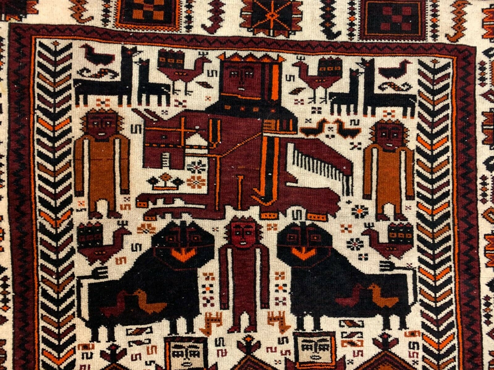 Vintage Tribal Lion Rug 204x110 cm, Old Tribal Wool Carpet, Black, Red Cream kilimshop.myshopify.com