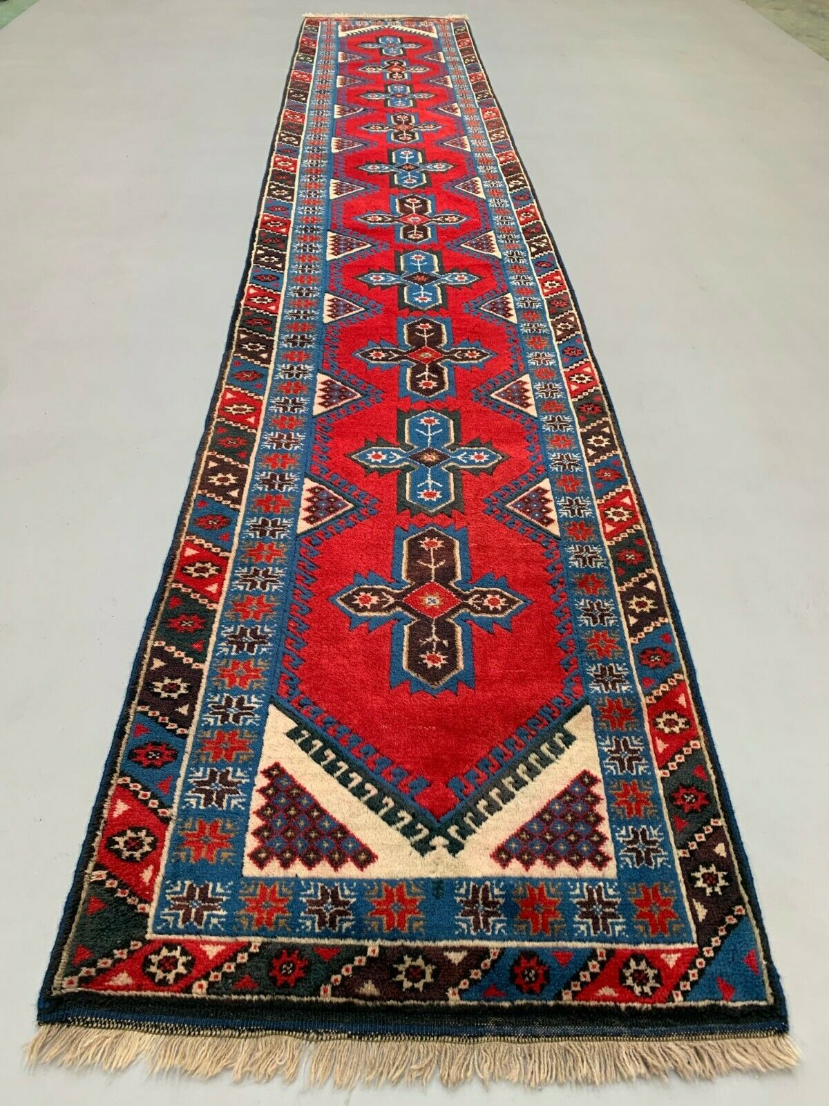 Very Long Turkish Runner 490x88 cm Tribal Rug, Red, Beige, Blue, Vintage