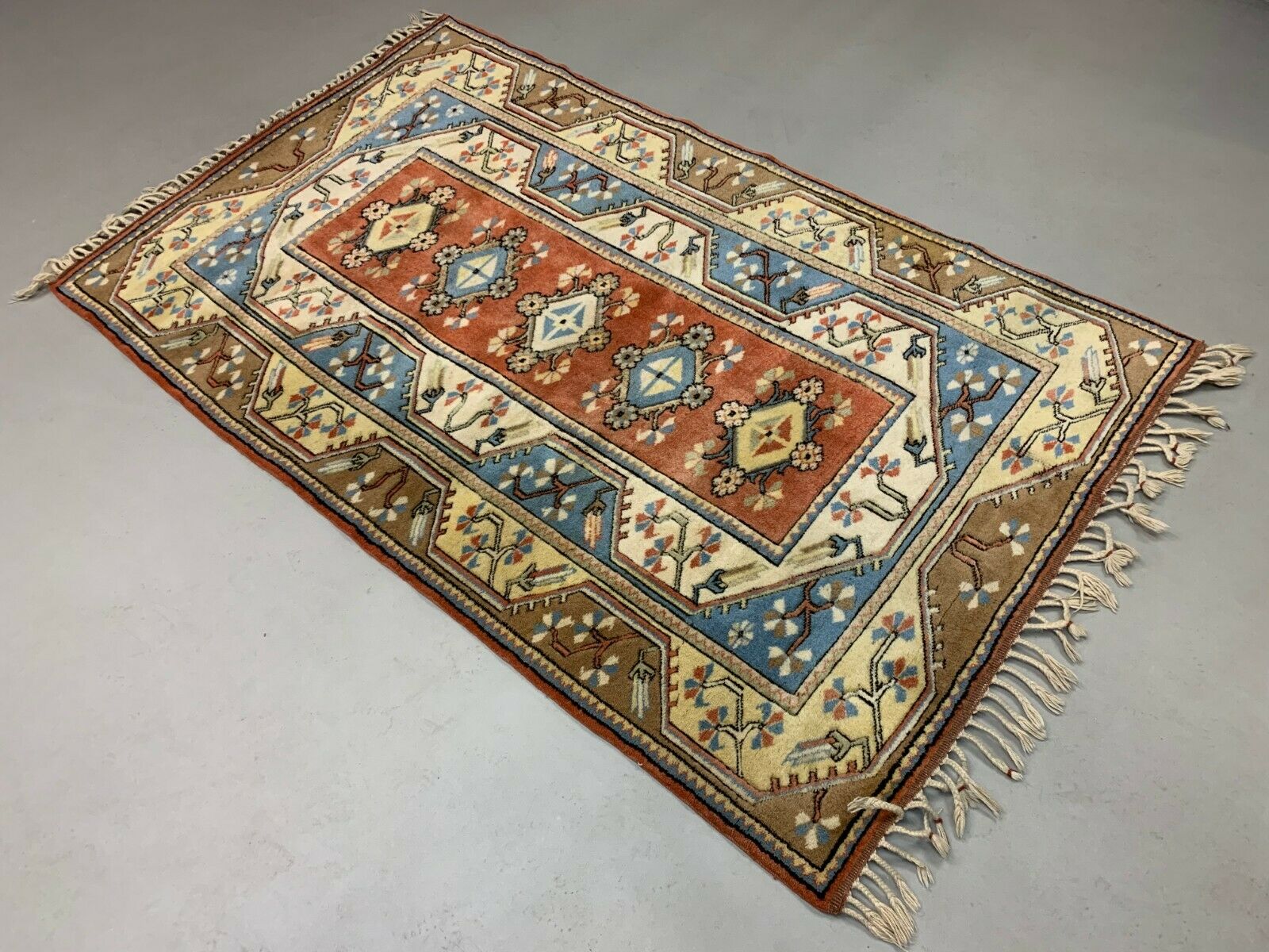 Old Turkish Milas Rug 200x121 cm old vintage carpet Ushak Region Blue Beige Rust