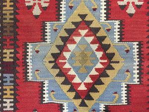 Vintage Turkish Kilim 190x109 cm Tribal Kelim Rug, Blue, Red Black Beige, Medium