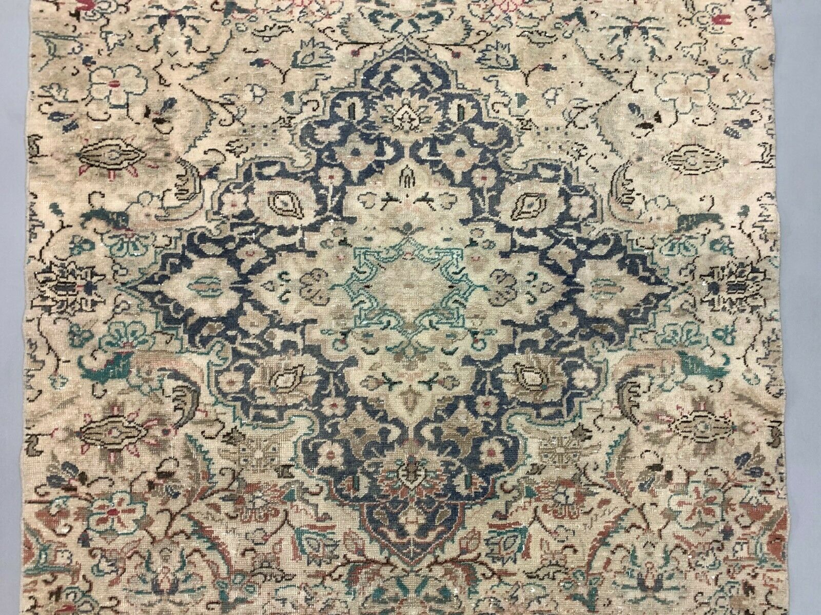 Distressed Turkish Rug 247x127 cm wool Vintage shabby Chic Runner Green, Beige kilimshop.myshopify.com