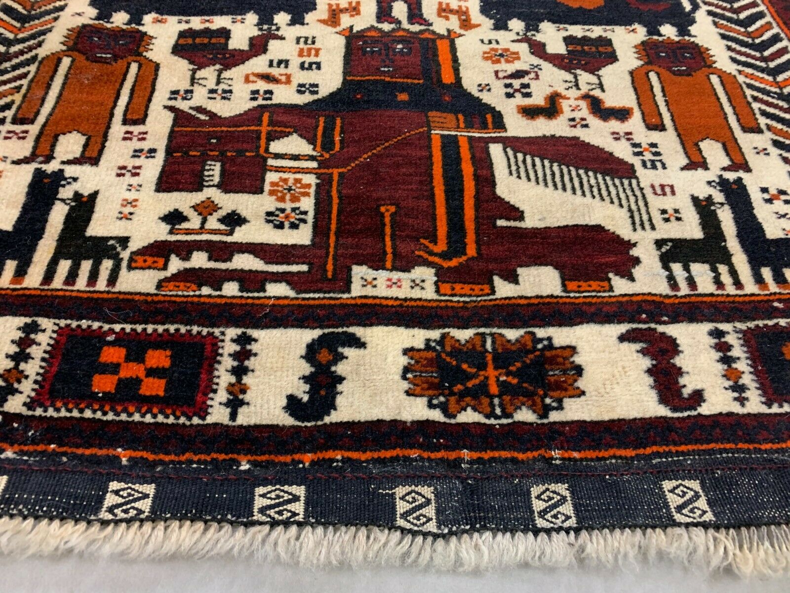 Vintage Tribal Lion Rug 204x110 cm, Old Tribal Wool Carpet, Black, Red Cream kilimshop.myshopify.com