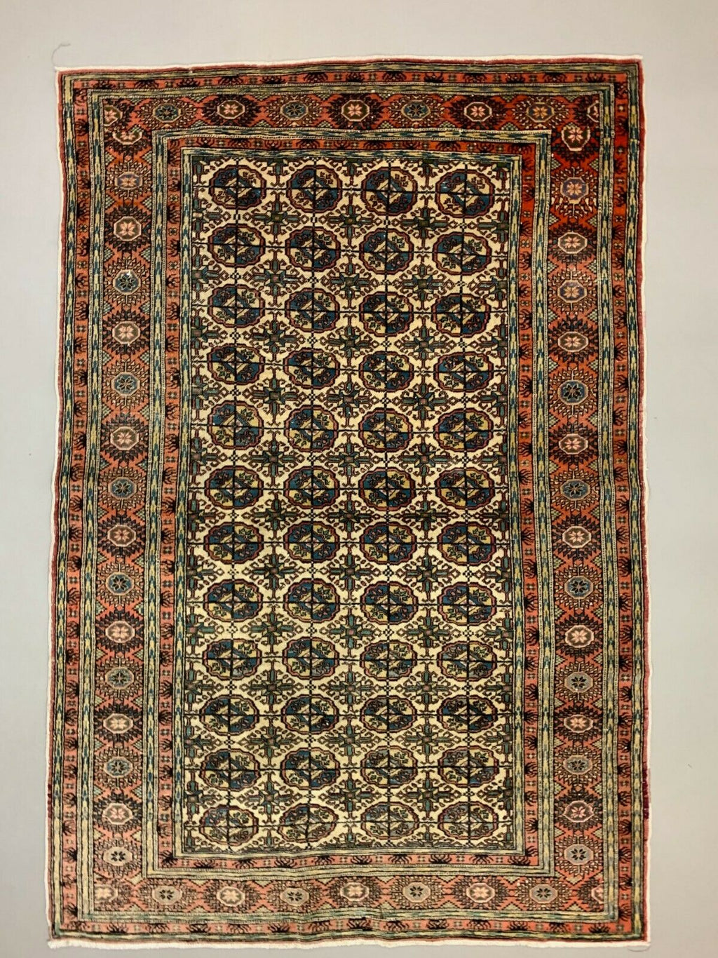 Distressed Turkish Rug 218x148 cm wool Vintage Turkoman Tekke Design Red, Beige kilimshop.myshopify.com