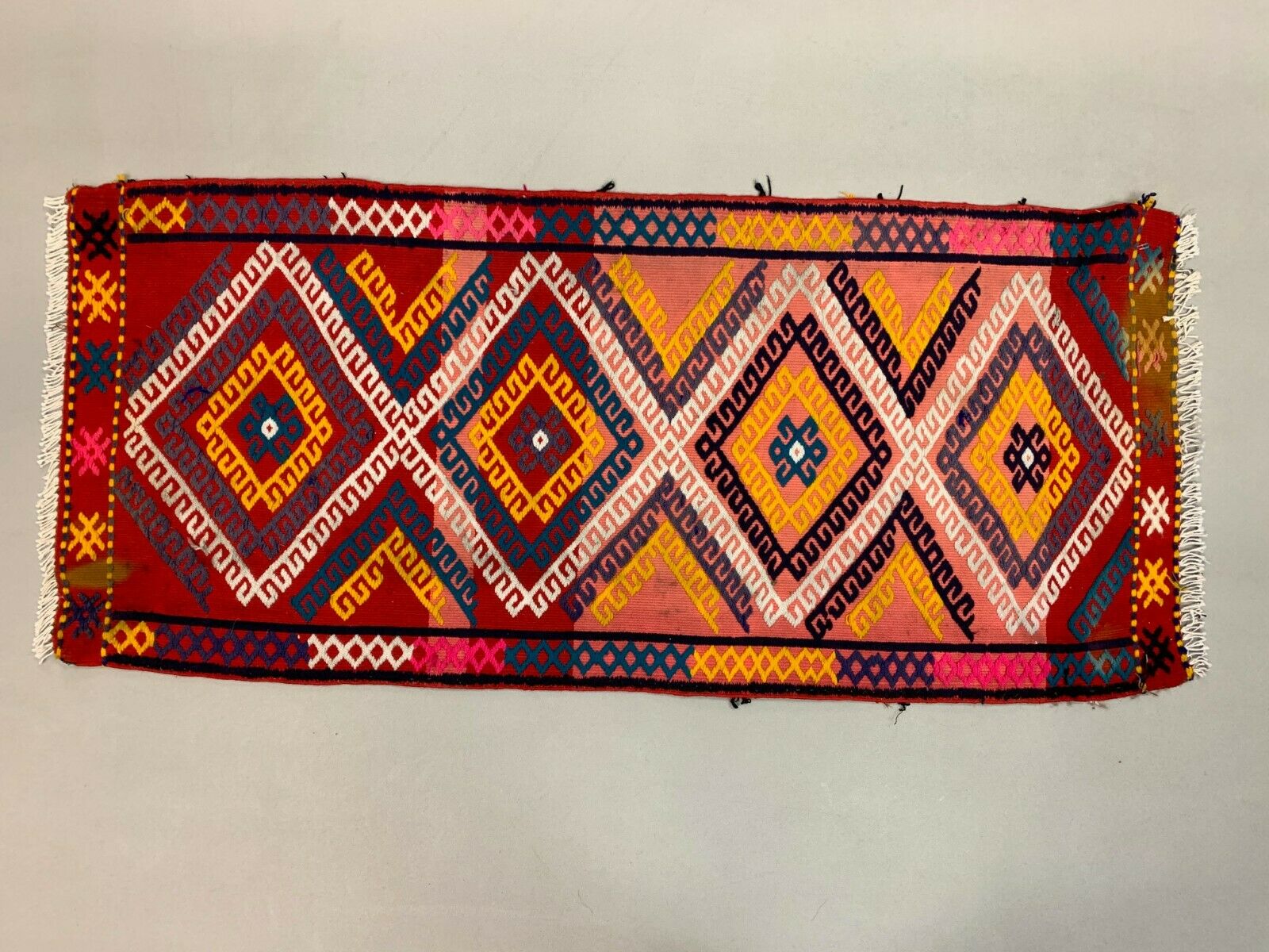 Vintage Turkish Mini Kilim 106x47 cm Shabby Wool Small Kelim Rug Black,Red Gold