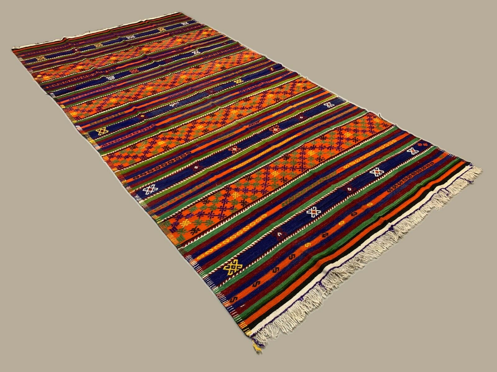 Vintage Turkish Kilim 350x176 cm wool kelim rug Large Red, Green, Blue, Orange