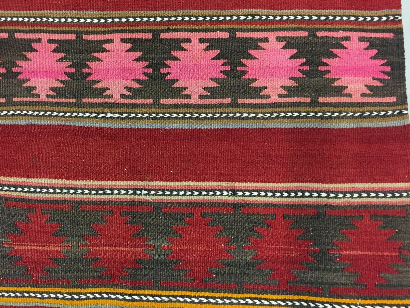 Vintage Turkish Kilim 190x94 cm Wool Kelim Rug Red Pink Black Beige Medium