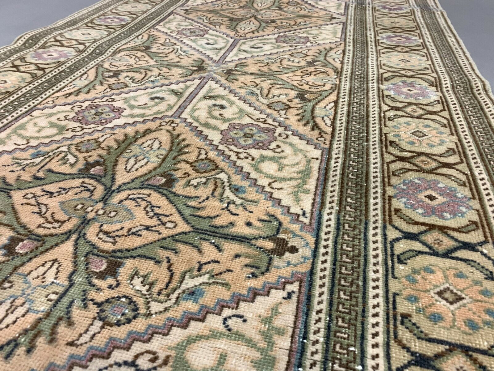 Distressed Turkish Rug 196x92 cm wool Vintage shabby Chic Runner Green, Beige kilimshop.myshopify.com