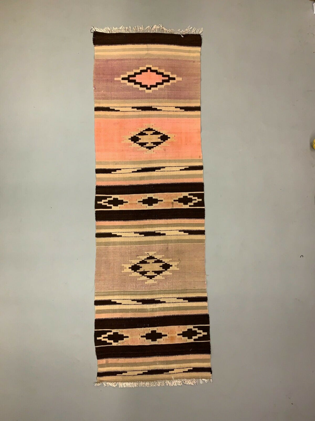 Vintage Turkish Kilim 300x95 cm Wool Kelim Rug Large Pink Beige Brown Runner