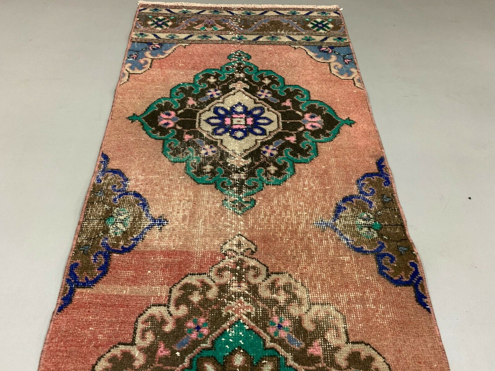 Distressed Turkish Runner 380x72 cm wool Vintage Tribal Rug Pink Green kilimshop.myshopify.com