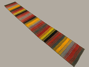 Old Turkish narrow Kilim Runner 322x52 cm, shabby, vintage kelim rug Red, Gold
