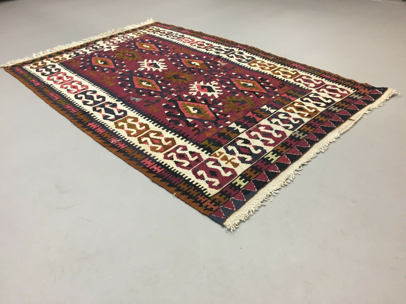 Vintage Turkish Kilim 180x112 cm Wool Kelim Rug Red Black Ocra Green Medium