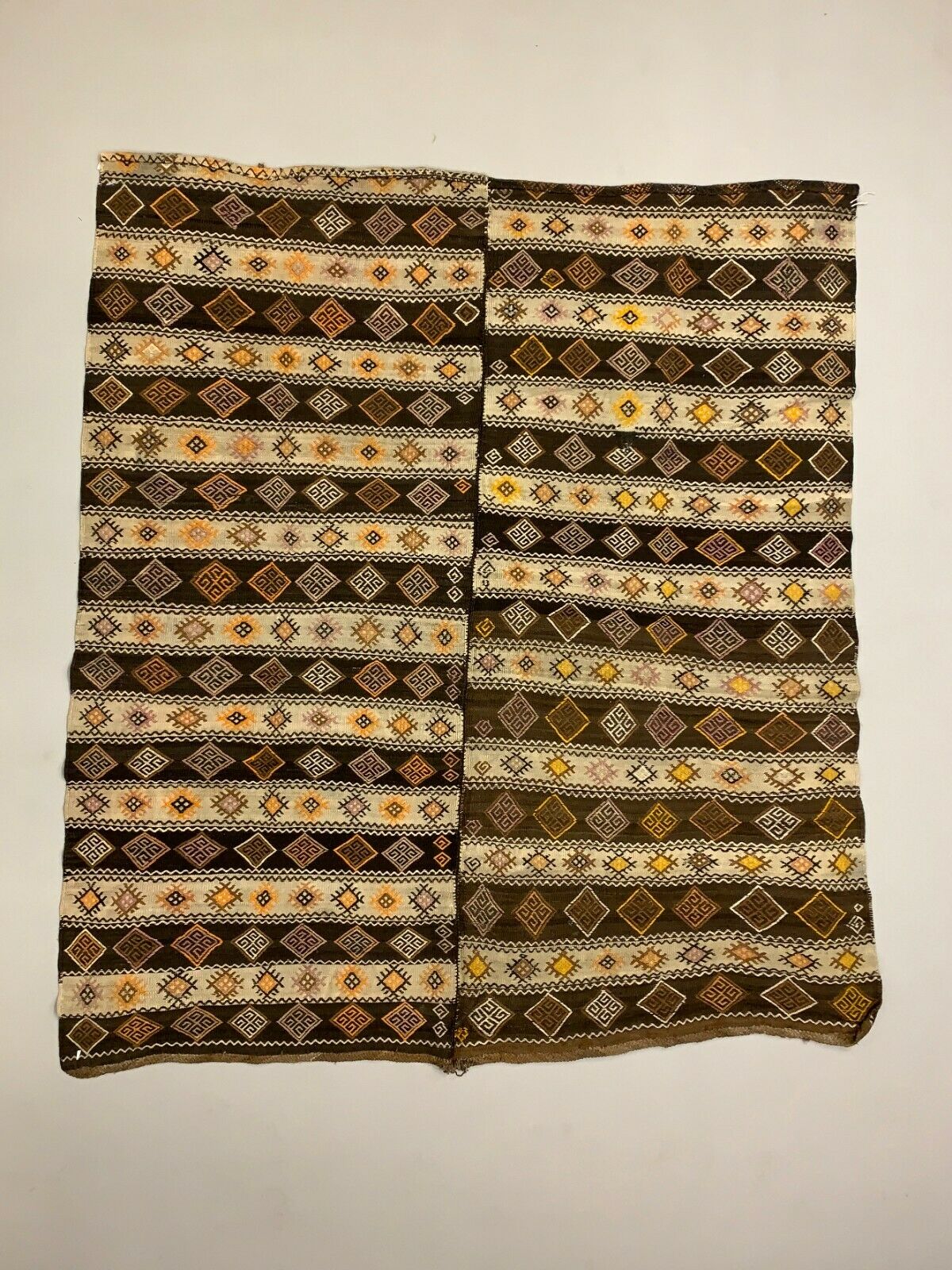 Vintage Turkish Kilim 222x190 cm wool kelim rug Beige, Brown, Black, Large kilimshop.myshopify.com